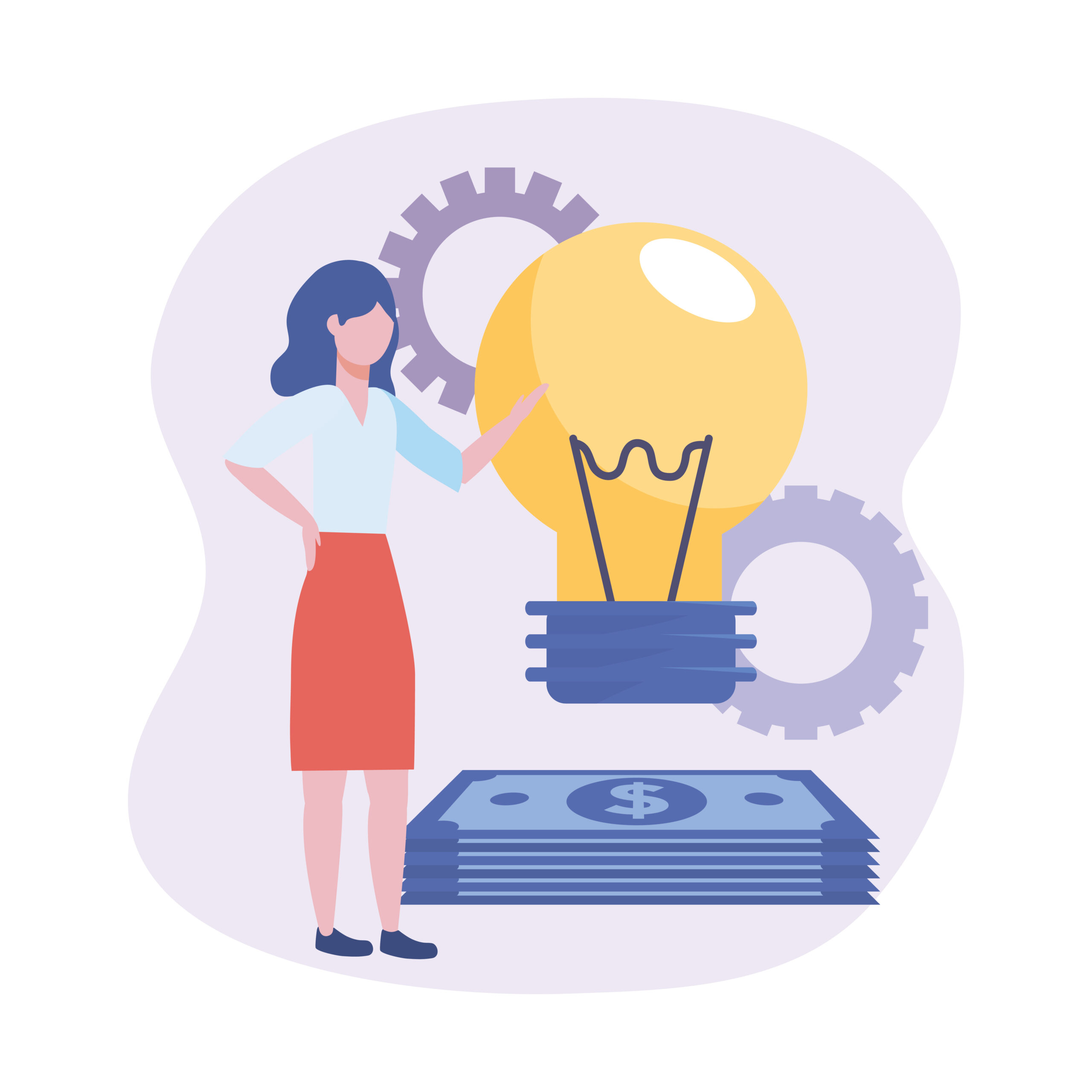businesswomen with bulb idea and bills with gears